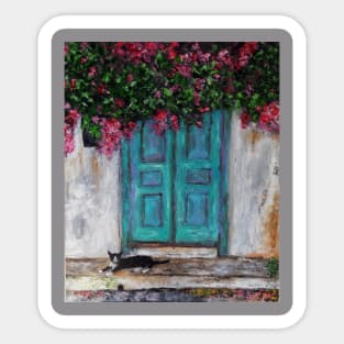 Door with Bougainvillea and a Cat Sticker